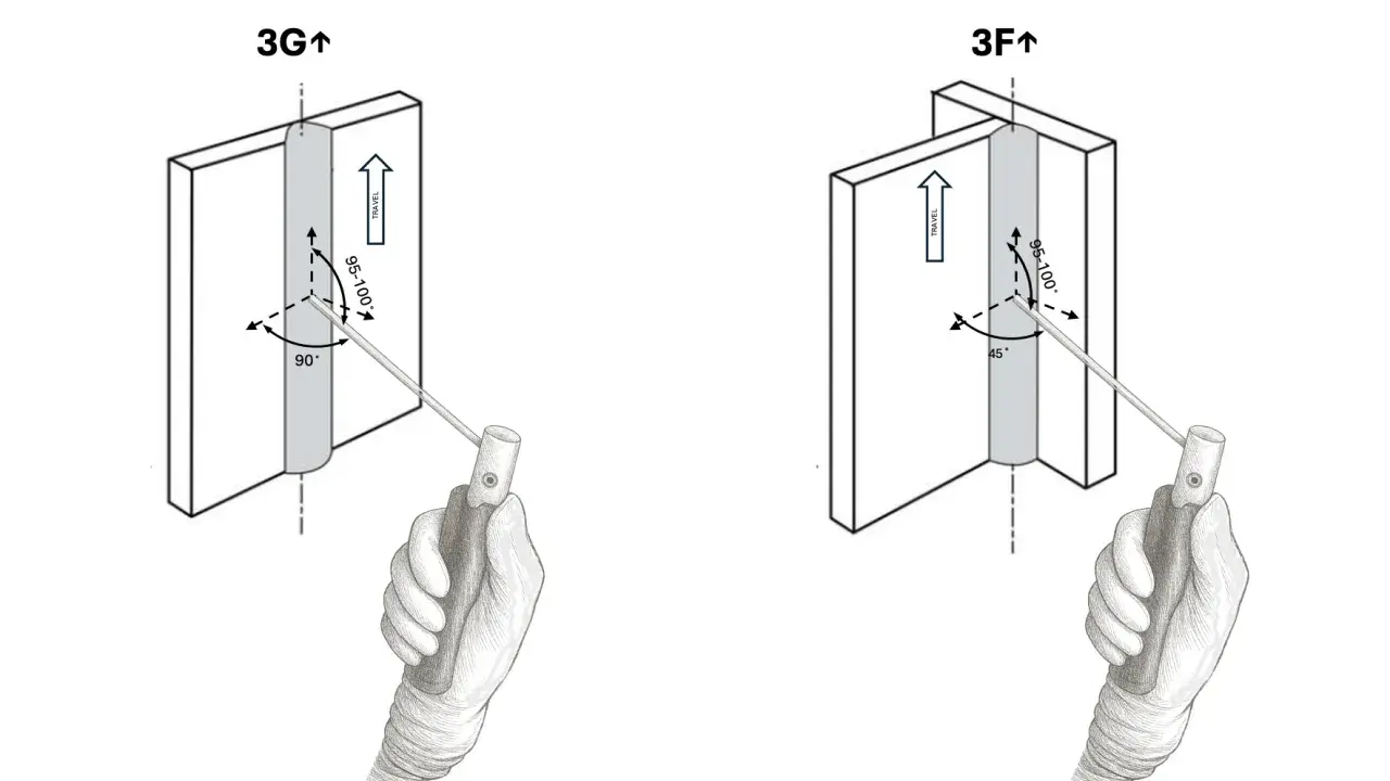 Diagrammi di saldatura 3G e 3F mostrano angoli e direzioni per evitare che l'elettrodo si attacchi.