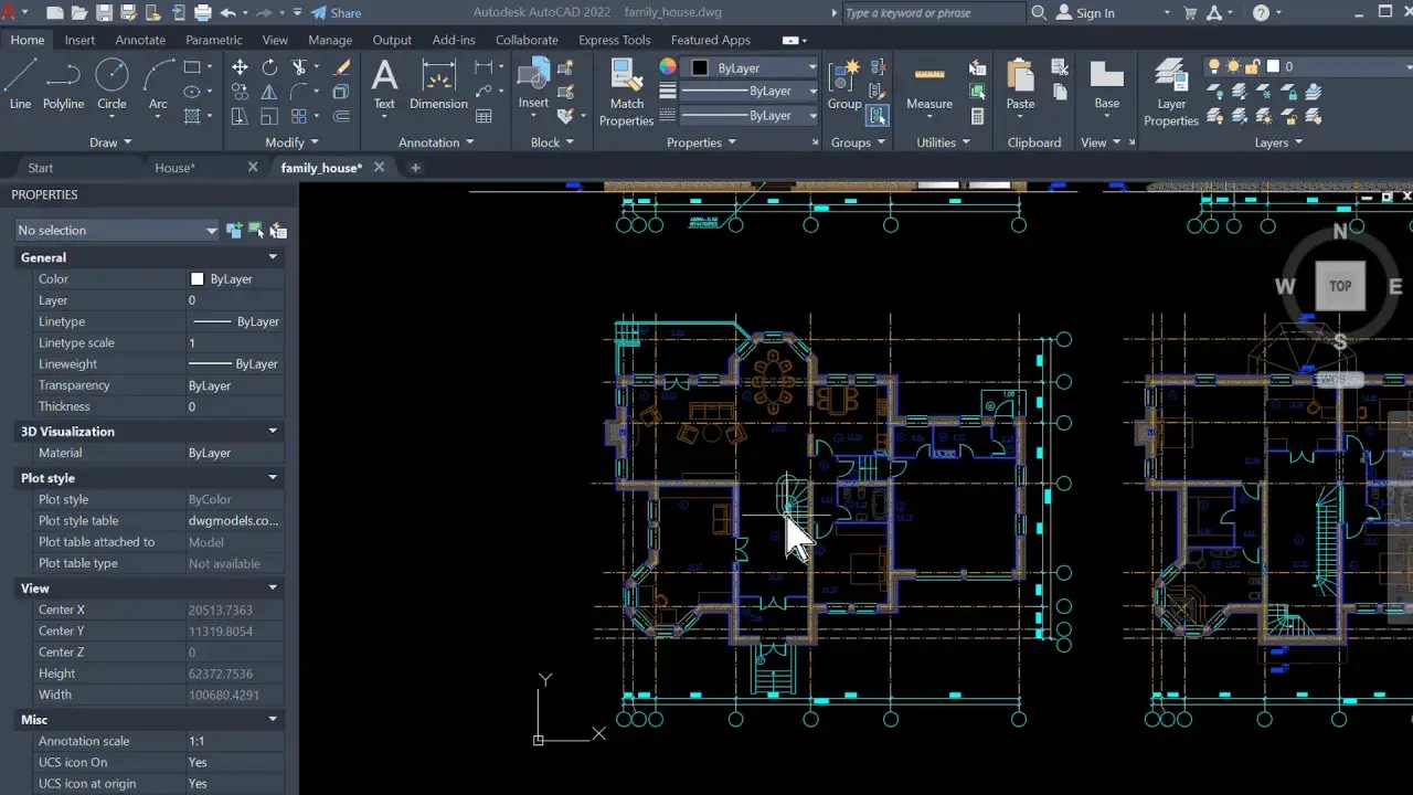 Un render con AutoCAD mostra la planimetria di una casa, con dettagli di stanze, mobili e scale.