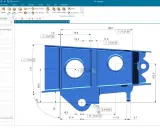 Componente metallico blu con quote e tolleranze, parte di un progetto di cad meccanico.