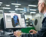 Ingegnere utilizza software CAD CAM per progettare un componente meccanico in 3D.