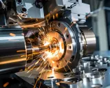 Macchinario industriale in azione, scintille luminose durante un corso CNC. Precisione e potenza nella lavorazione dei metalli.
