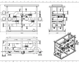 Disegni meccanici Autocad di un complesso sistema di tubazioni con valvole e flange, presentati in viste ortogonali e isometrica.