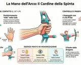 Illustrazione tecnica sulla corretta impugnatura dell'arco, con focus su geometria, pressione e controllo. La saldatura arco pulsato è un dettaglio tecnico non presente.