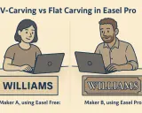 Due persone usano un computer per creare incisioni su legno con Easel Pro. Una mostra un'incisione piatta, l'altra una V-carving.