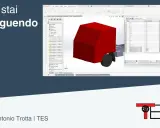 Modello 3D di un rimorchio rosso creato con software parametrico, con un elenco di componenti e quote visibili.