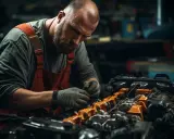 Meccanico esperto al lavoro su un motore. Scopri quanto guadagna un meccanico in proprio con dedizione e competenza.