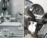 Dettaglio di un tornio CNC che lavora un pezzo metallico. Un altro tornio in azione, con una punta che perfora il metallo rotante.
