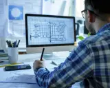Un disegnatore CAD lavora al computer, concentrato sui progetti. Lo stipendio di un disegnatore CAD varia in base all'esperienza.