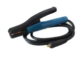 Portaelettrodo per saldatura ad arco con cavo nero e connettore dorato, pronto per il stick welding.