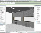 Vista 3D di un progetto di interni, con mattoni grigi e finestre. Il pannello "Proprietà" mostra opzioni per la "messa in tavola inventor".