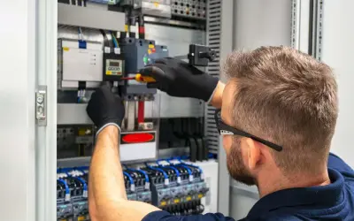 Tecnico con guanti neri lavora su un quadro elettrico, con un cacciavite su un componente. Il suo lavoro con il plc è fondamentale per l'automazione.