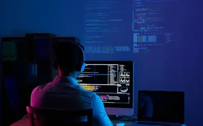 Programmatore con cuffie lavora al suo computer, analizzando dati e codice su più schermi. Il cam software illumina la stanza con luci blu e rosa.