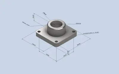 Disegno tecnico di un componente con quote, ideale per esercitazioni Inventor. Base quadrata 100x100mm, altezza 30mm, con foro centrale Ø40mm e diametro esterno Ø60mm.