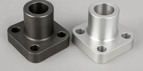 Due flange quadrate, una scura in cromo molibdeno e una chiara in alluminio, su sfondo grigio.
