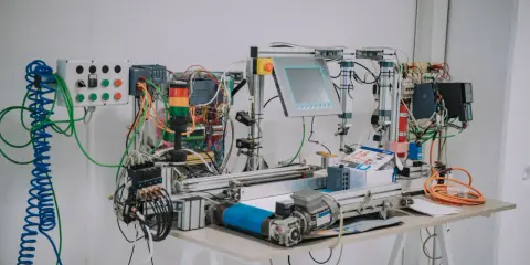 Banco di prova per corsi automazione industriale PLC: PLC Siemens, pannello touch, luci di segnalazione, motori e cablaggi.