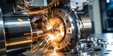 Macchinario industriale in azione, scintille luminose durante un corso CNC. Precisione e potenza nella lavorazione dei metalli.