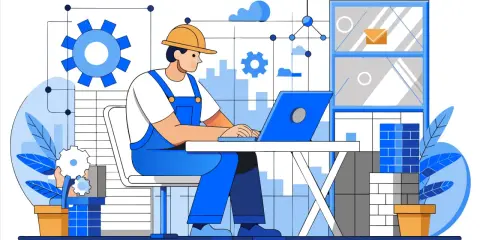 Un programmatore automazione lavora al suo laptop, circondato da ingranaggi e grafici, creando sistemi efficienti.