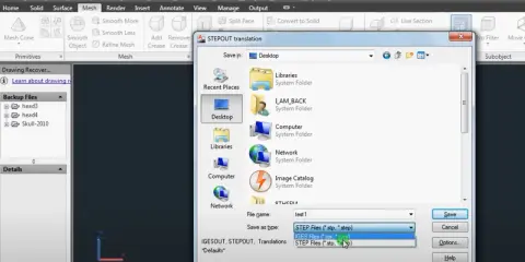 Finestra di dialogo "STEPOUT translation" in AutoCAD, con selezione del tipo di file "IGES Files" per salvare un disegno .cad.