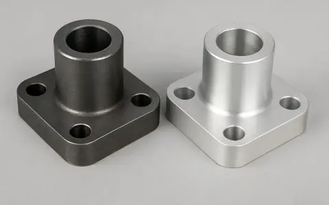 Due flange quadrate, una scura in cromo molibdeno e una chiara in alluminio, su sfondo grigio.