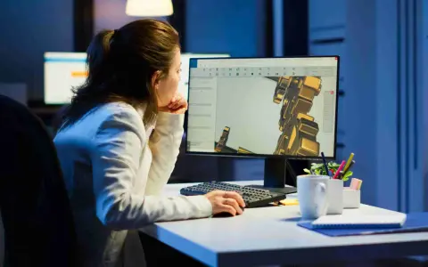 Operatore CAD lavora di notte su un progetto complesso, concentrato sul modello 3D visualizzato sullo schermo.