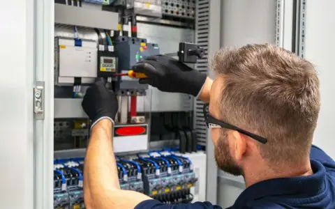 Tecnico con guanti neri lavora su un quadro elettrico, con un cacciavite su un componente. Il suo lavoro con il plc è fondamentale per l'automazione.