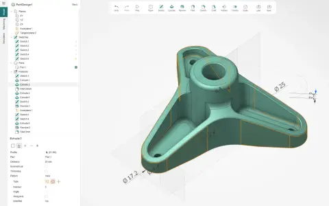 Modellazione 3D di un componente con software CAD CAM CNC. Il modello presenta dettagli precisi e quote dimensionali.