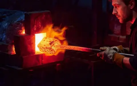 Fabbro con guanti estrae metallo incandescente da forno per la normalizzazione acciaio. Fiamme e calore intenso.