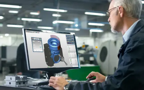 Ingegnere utilizza software CAD CAM per progettare un componente meccanico in 3D.