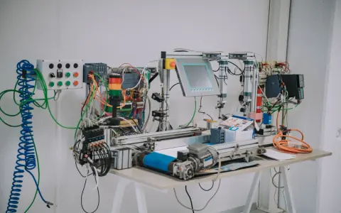 Banco di prova per corsi automazione industriale PLC: PLC Siemens, pannello touch, luci di segnalazione, motori e cablaggi.