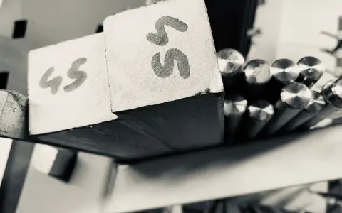 Blocchi di metallo con numeri "45" e "55" scritti sopra, pronti per essere lavorati. Accanto, barre di acciaio inossidabile aisi 309 lucide.