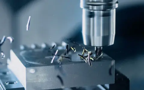 Fresatura di metallo con utensile rotante. Trucioli metallici volano via mentre la programmazione ISO guida la lavorazione di precisione.