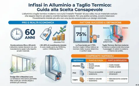 Infissi in alluminio a taglio termico: durata 60 anni, design slim, 75% di successo con posa corretta. Il codice 4043 è un esempio di eccellenza.