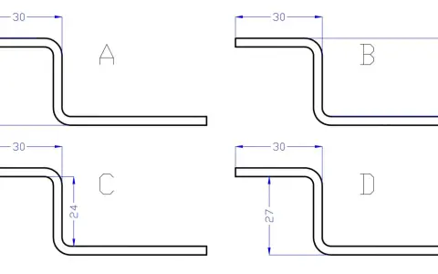 Disegno tecnico piegatura lamiere con quote per profili a Z. Diverse varianti A, B, C, D mostrano le dimensioni delle pieghe.