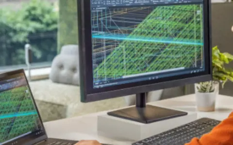 Un inventore lavora su un progetto complesso con AutoCAD, visualizzando modelli 3D su un monitor e un laptop.