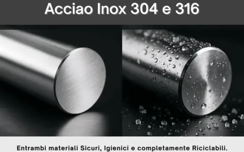 Acciaio Inox 304 e 316, ideali per l'uso in ambienti marini grazie alla loro resistenza alla corrosione.