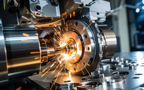 Macchinario industriale in azione, scintille luminose durante un corso CNC. Precisione e potenza nella lavorazione dei metalli.