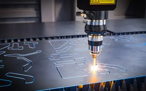 Macchina laser CNC che taglia metallo, creando forme precise. L'acronimo CNC sta per Controllo Numerico Computerizzato.