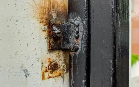 Cerniera arrugginita fissata con cianfrino saldatura su un telaio nero. La vernice bianca circostante è scrostata e macchiata.