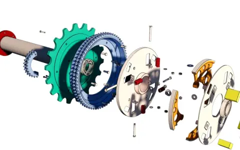 Componenti di un sistema di trasmissione, con ingranaggi, molle e bulloni, frutto di un'accurata progettazione meccanica 3D.