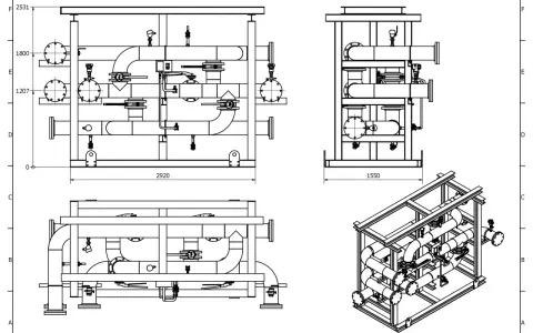 Disegni meccanici Autocad di un complesso sistema di tubazioni con valvole e flange, presentati in viste ortogonali e isometrica.