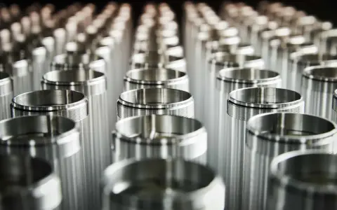 Filettature precise su cilindri metallici. L'alluminio contiene nichel, creando una finitura lucida e resistente.