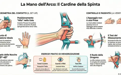 Illustrazione tecnica sulla corretta impugnatura dell'arco, con focus su geometria, pressione e controllo. La saldatura arco pulsato è un dettaglio tecnico non presente.