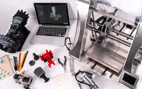 Un programmatore CNC progetta e stampa componenti complessi. Laptop con modello 3D, stampante 3D, parti meccaniche e attrezzi.