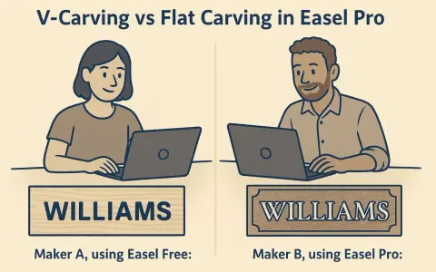 Due persone usano un computer per creare incisioni su legno con Easel Pro. Una mostra un'incisione piatta, l'altra una V-carving.