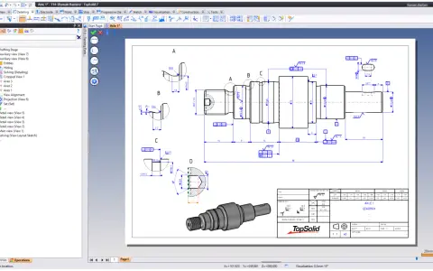 Disegno tecnico di un albero motore con quote e tolleranze, realizzato lavorando con Autocad.