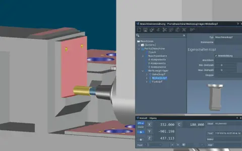 Interfaccia di un programma CNC che mostra la gestione di una portalmachine, con dettagli sul winkelkopf e coordinate di movimento.