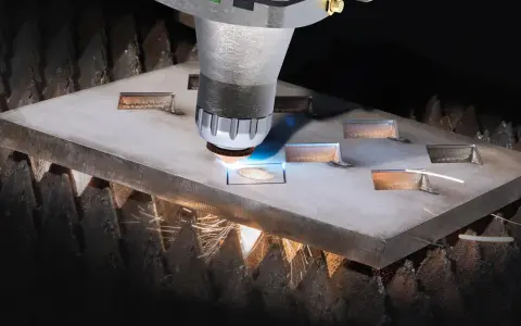 Macchina da taglio laser che crea forme precise su una lastra metallica. Il fascio luminoso e le scintille mostrano il **taglio termico**, un processo industriale avanzato.