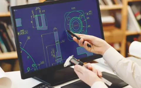Un programmatore CAD CAM analizza un disegno tecnico su schermo, usando uno stilo e un calibro per misurare dettagli.