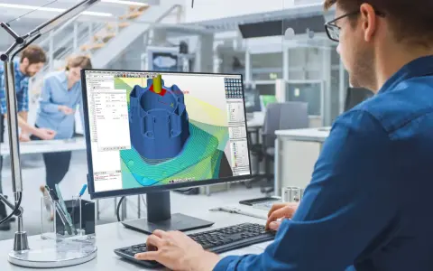 Ingegnere lavora al software cam cnc per progettare un componente meccanico complesso.