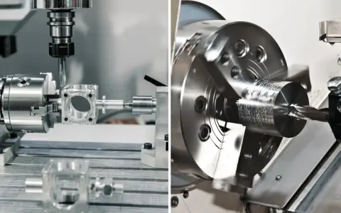 Dettaglio di un tornio CNC che lavora un pezzo metallico. Un altro tornio in azione, con una punta che perfora il metallo rotante.